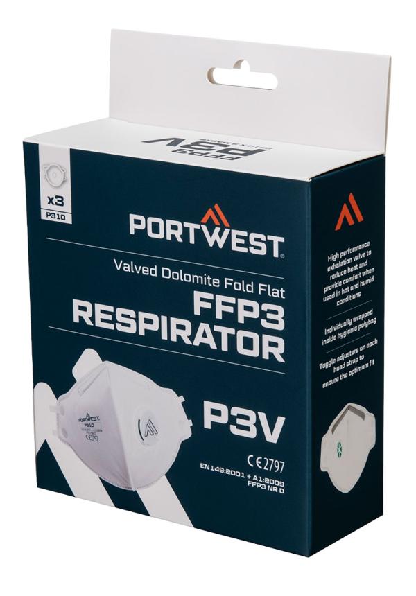 DE P310 - Portwest FFP3 szelepes Dolomit összehajtható lapos maszk (3 db)